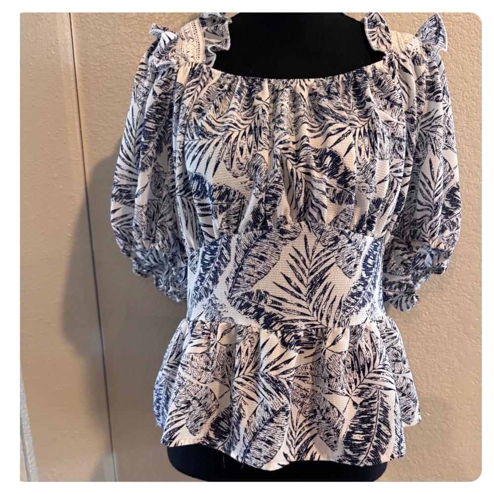 Sweet Rain 2XL Plus Tropical Leaf Peplum Top Puff Sleeve Open Back Boho